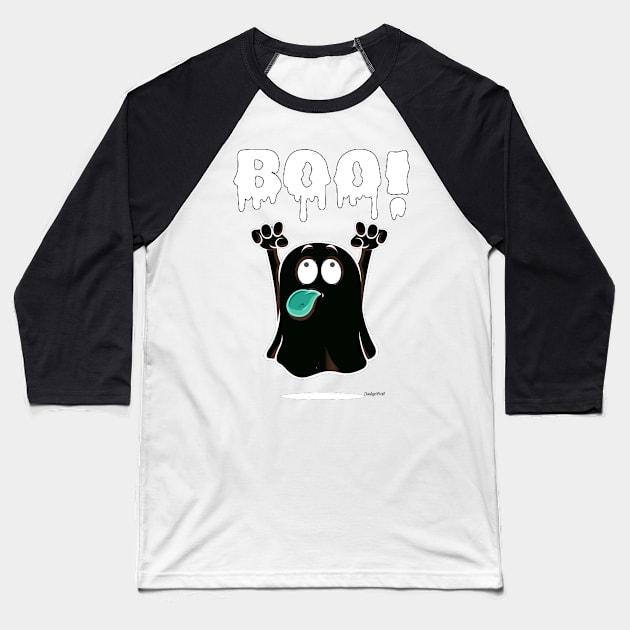 Adorable Ghost with a Playful 'BOO': Halloween Cuteness Unleashed! Baseball T-Shirt by FortySeven47_Custom_Designs